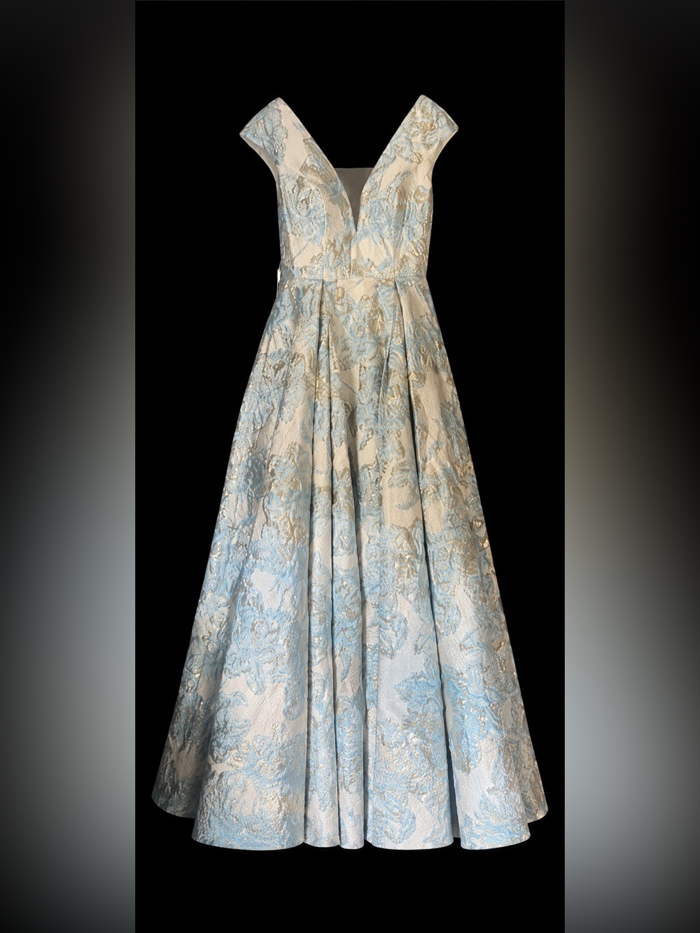 Beautiful Light Blue & Gold Jacquard V-Neck A-Line Formal Dress